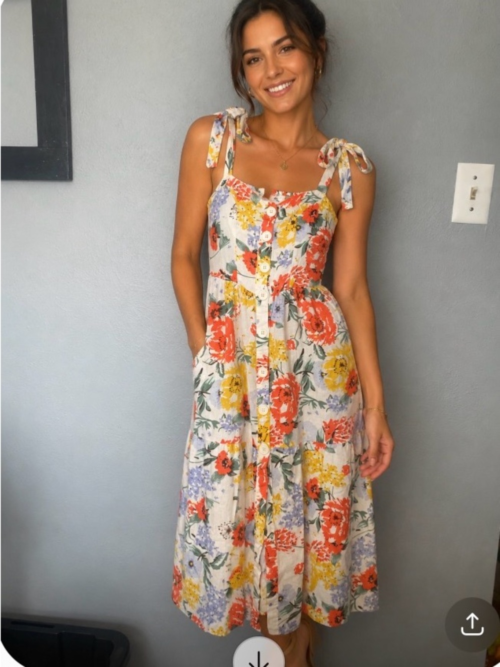 Urban Outfitters White Floral Tie-Shoulder Button-Front Midi Dress
